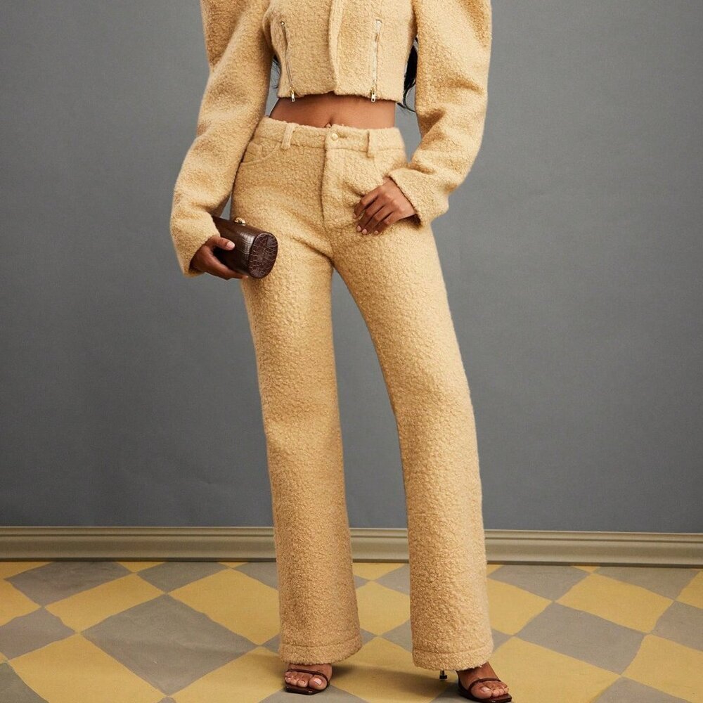 Yellow Elegant Women's High Rise Slim Amala Faux Fur Pant